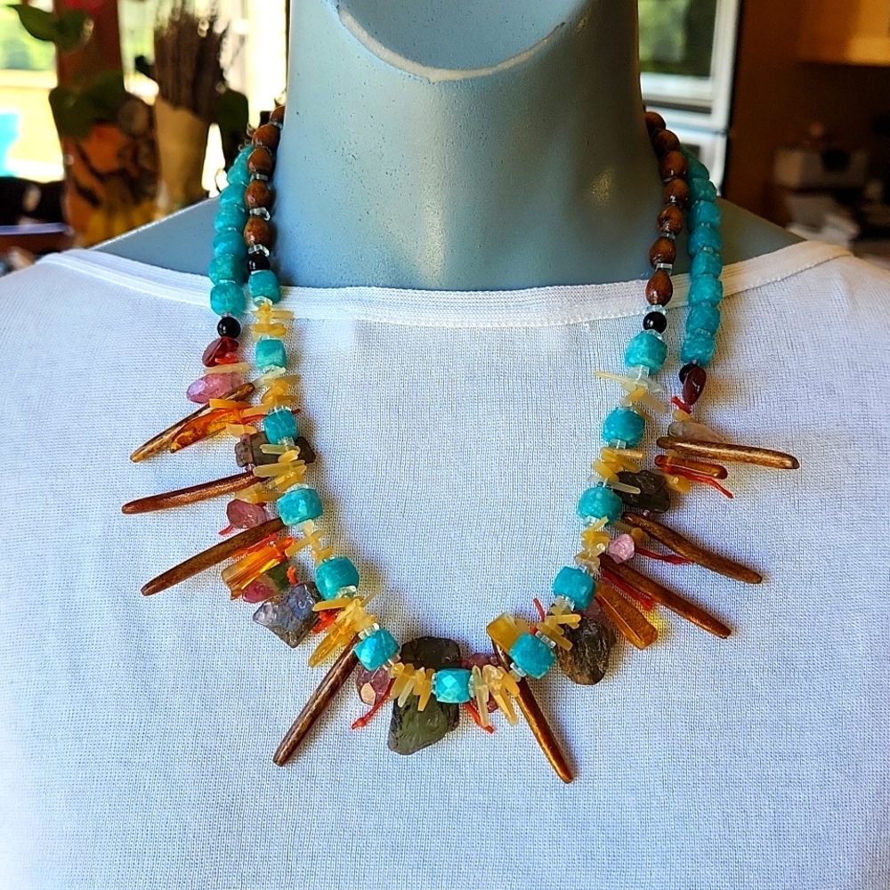 3 in 1 Necklace 18" of blue, pinks and brown.